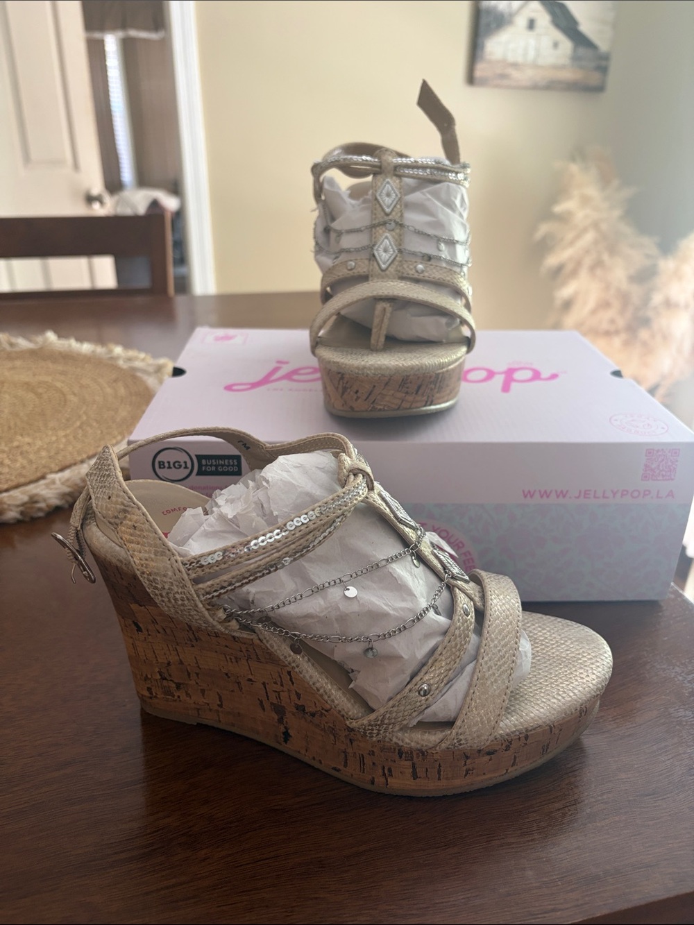 Jellypop Metallic Gold Sequined Cork Wedge Sandals - NEVER WORN